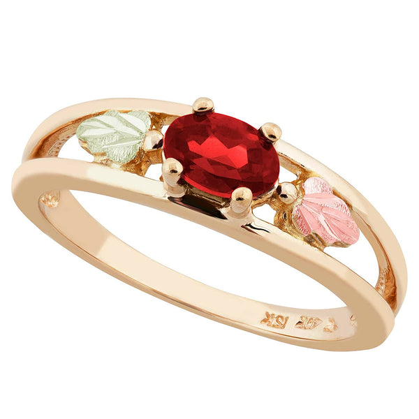 Oval Created Ruby Ring, 10k Yellow Gold, 12k Green and Rose Gold Black Hills Gold Motif