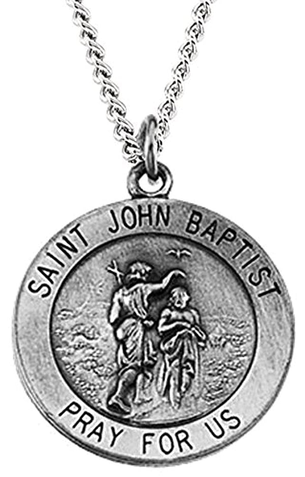 Sterling Silver Round St. John the Baptist Medal Necklace, 18" (18 MM)