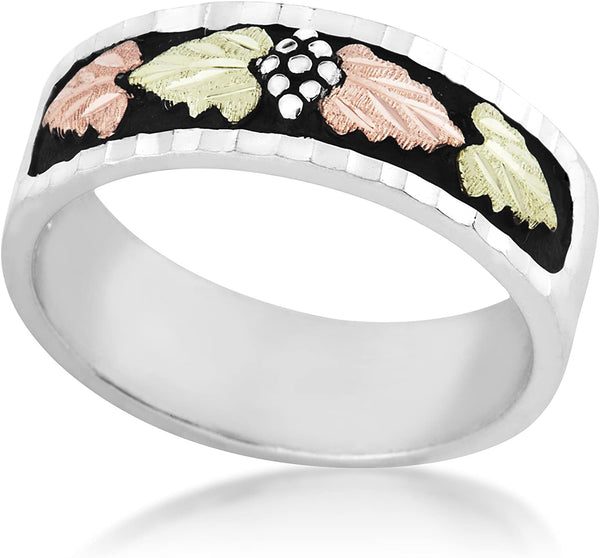 Tri-Tone Leaf Antiqued Band, Sterling Silver, 12k Green and Rose Gold Black Hills Gold Motif, Size 4.5