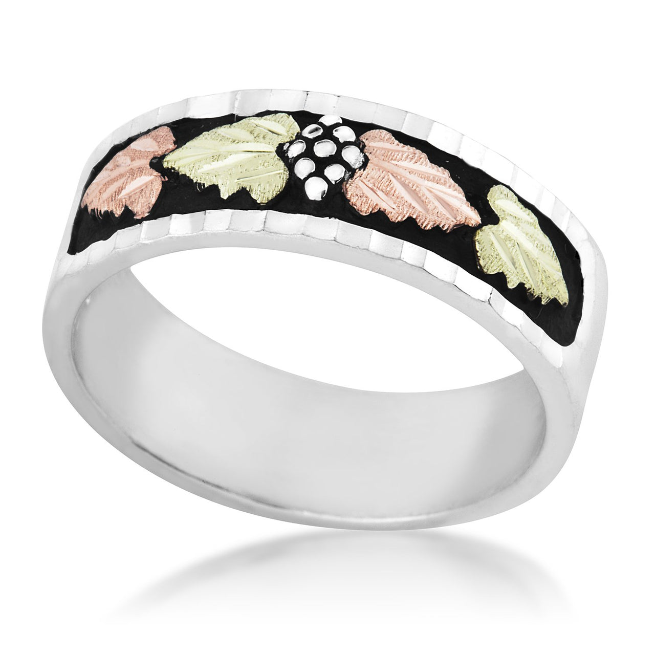 Men's Black Diamond-Cut Band, Sterling Silver, 12k Green and Rose Gold Black Hills Gold Motif