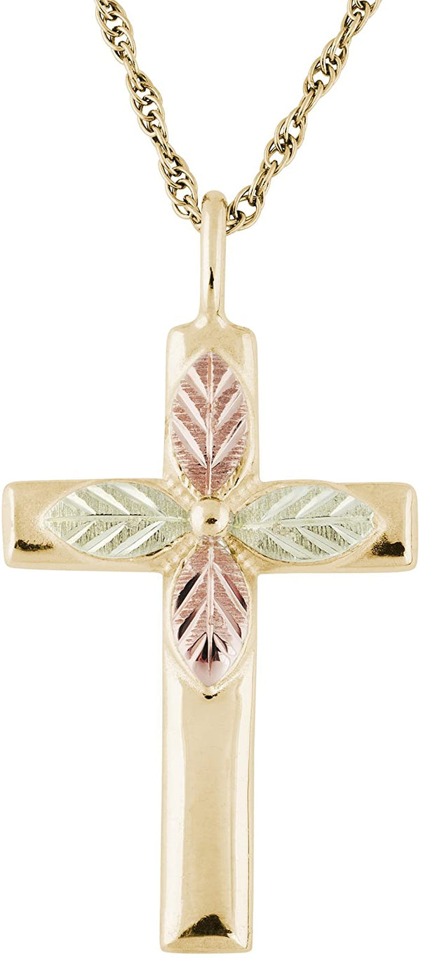 Beveled Passion Flower Cross Pendant Necklace, 10k Yellow Gold, 12k Green Gold, 12k Rose Gold Black Hills Gold, 18"