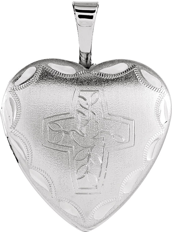 Heart with Dove Cross Satin-Brushed Sterling Silver Locket Pendant (16.25X15.75 MM)