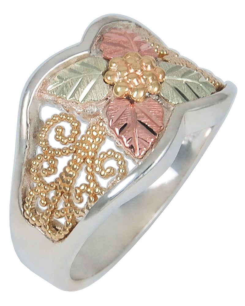 Floral Brocade Granulated Bead Band, 10k Yellow Gold, Sterling Silver, 12k Green and Rose Gold Black Hills Gold Motif