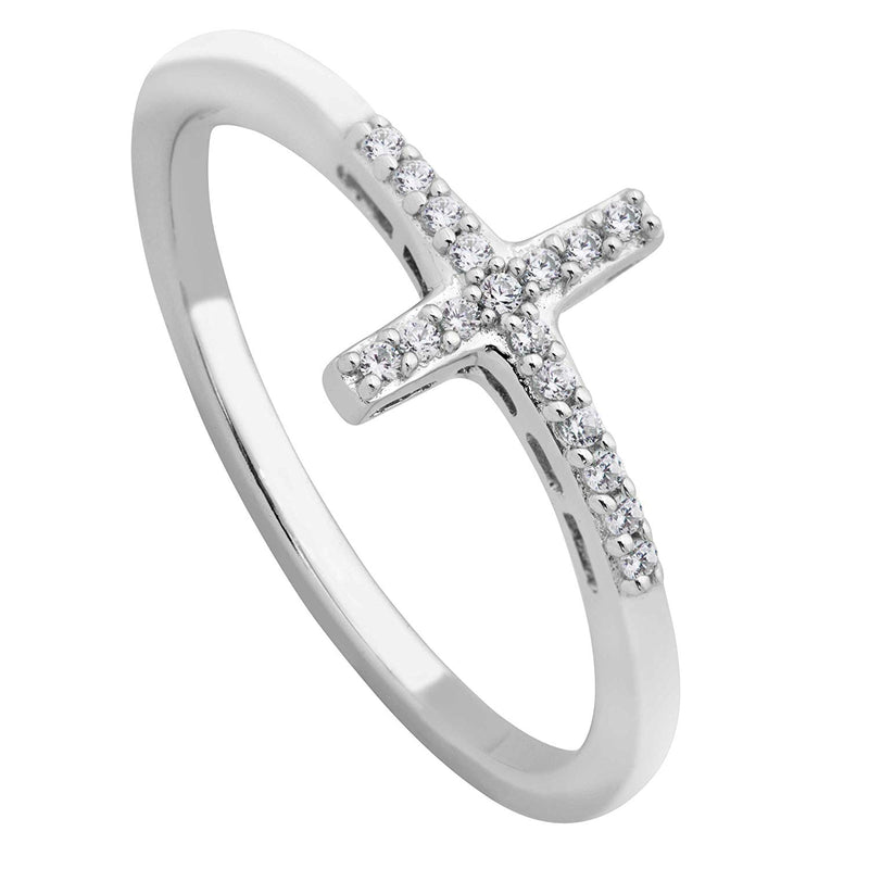 Cross CZ Slim-Profile Ring, Rhodium Plated Sterling Silver