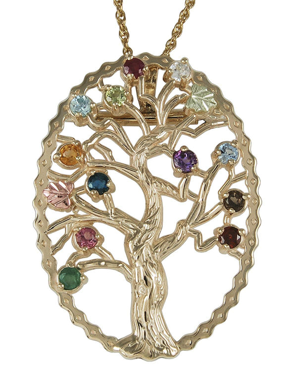 Multi Gemstone Tree Pendant Necklace, 10k Yellow Gold, 12k Green and Rose Gold Black Hills Gold Motif, 18"