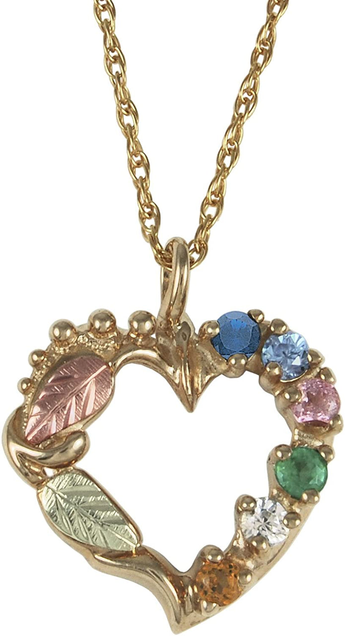 Sapphire, Aquamarine, Pink Tourmaline, Emerald, White Topaz, Citrine Heart Pendant Necklace, 10k Yellow Gold, 12k Green and Rose Gold Black Hills Gold Motif, 18"