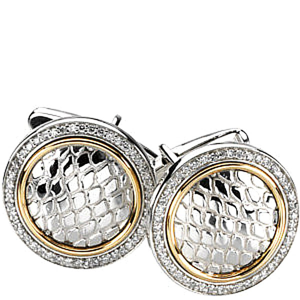 Diamond Snake Skin Pattern Embossed Round Cuff Links, Sterling Silver, 14k Yellow Gold (.50 Ctw, GH Color, Clarity I1 )