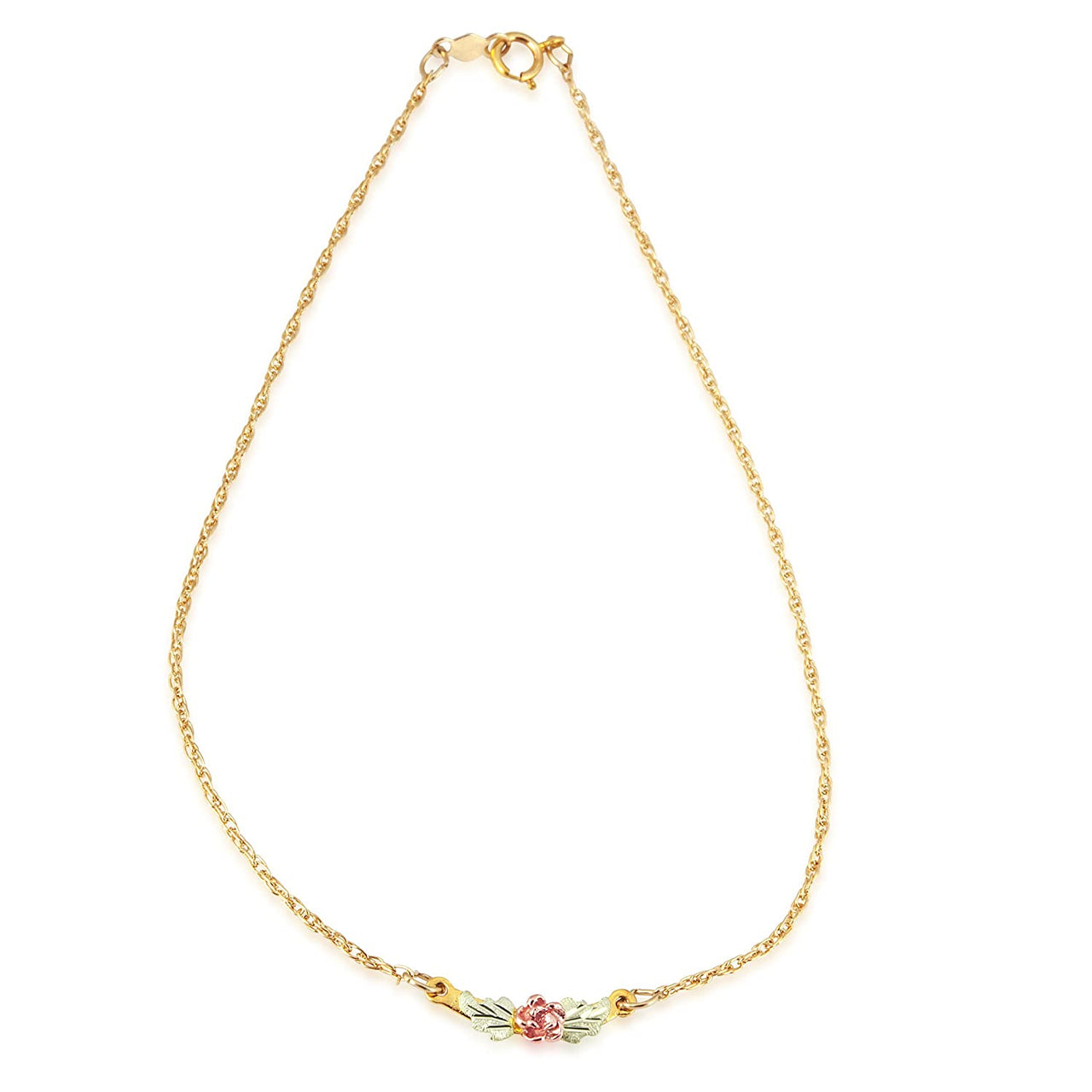 Ave 369 3D Rose Ankle Bracelet, 10k Yellow Gold, 12k Green and Rose Gold Black Hills Gold Motif, 9.5"