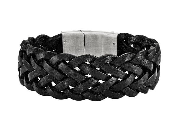 Men's Satin Back Stainless Steel Black Leather Bracelet, 8.25"