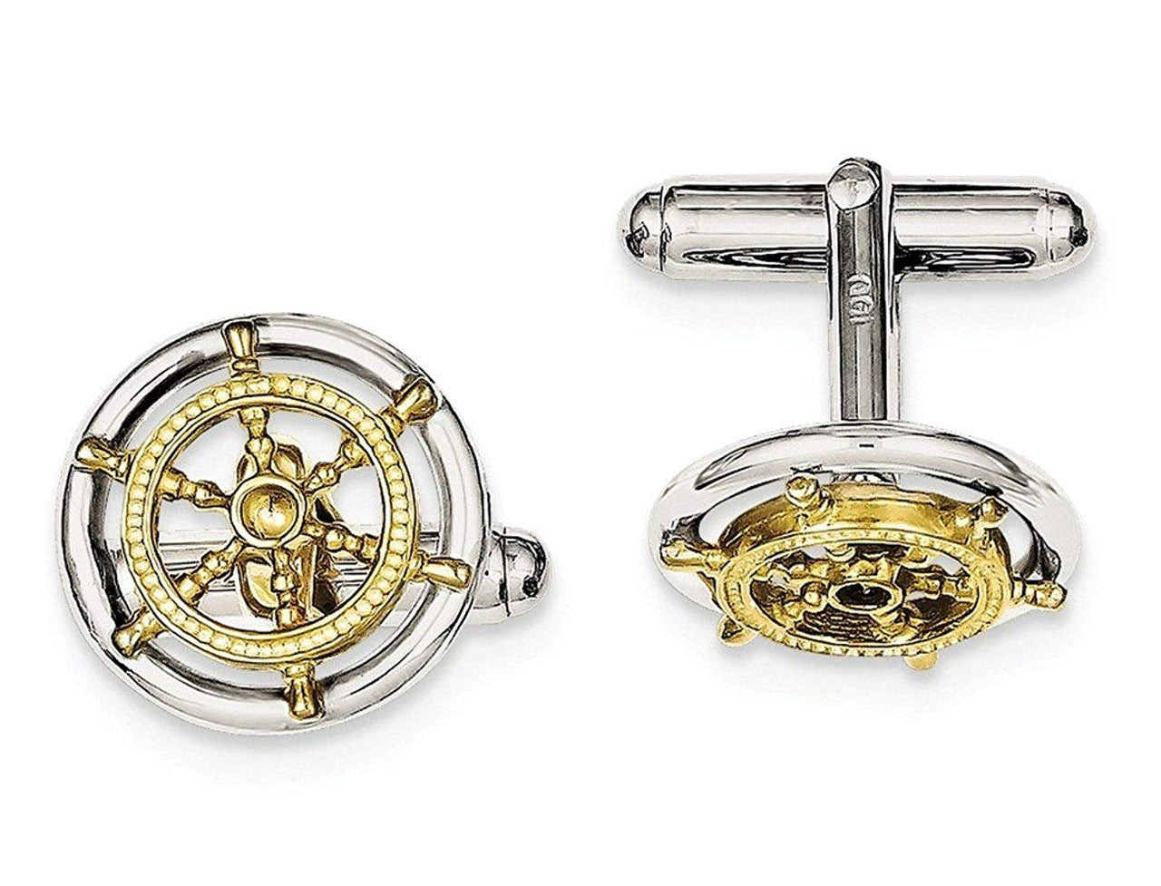 Sterling Silver Vermeil Sailor Wheel Cuff Links, 16MM