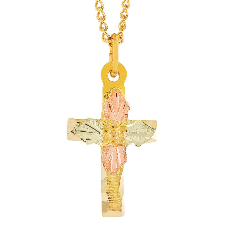 Cross Pendant Necklace, 10k Yellow Gold, 12k Green and Rose Gold Black Hills Gold Motif, 13"
