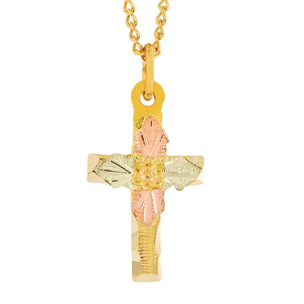 Ave 369 Cross Pendant Necklace, 10k Yellow Gold, 12k Green and Rose Gold Black Hills Gold Motif, 18"