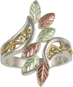 Fancy Bypass Scrollwork Ring, 10k Yellow Gold, Sterling Silver, 12k Green and Rose Gold Black Hills Gold Motif, Size 9.5