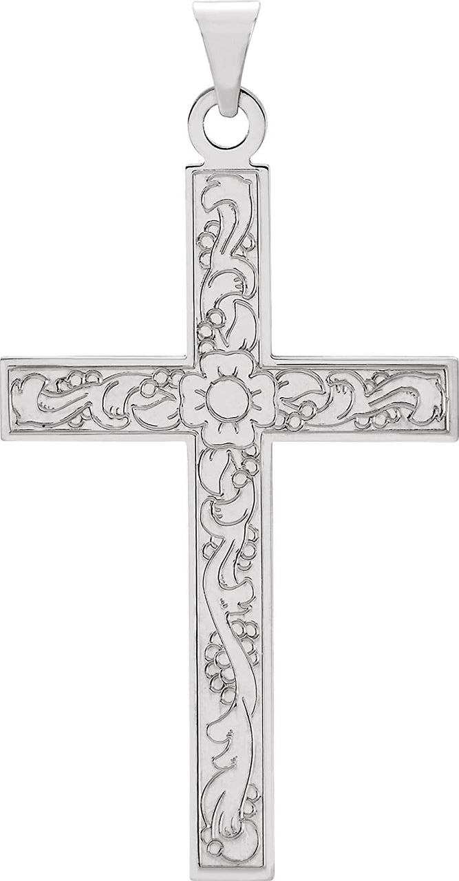 Embossed Flowers Cross 14k White Gold Pendant