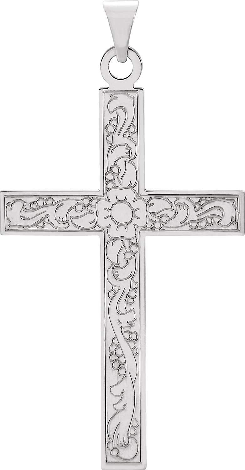 Floral True Cross Rhodium-Plated 14k White Gold Pendant (49x25 MM)