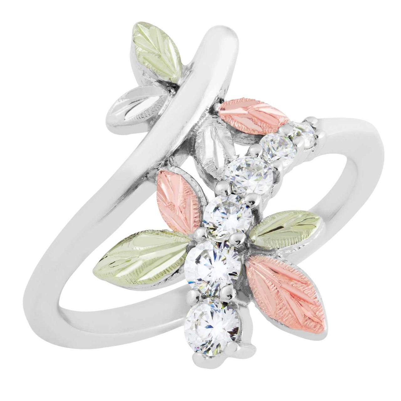 Ave 369 6-Stone CZ Dragonfly Ring, Sterling Silver, 12k Green and Rose Gold Black Hills Gold Motif