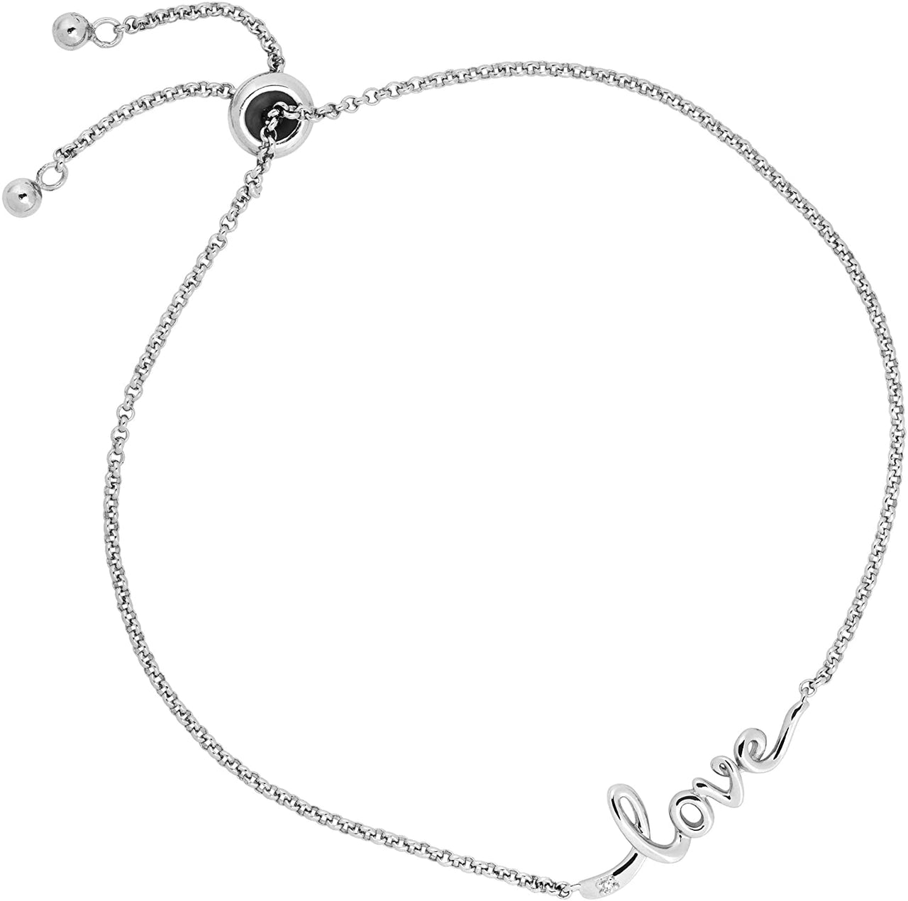 Diamond Love Bolo Bracelet for Women, Rhodium-Plated Sterling Silver Adjustable Slider Bracelet with Diamond Accent, Romantic Love Bracelet Jewelry, 8 Inch