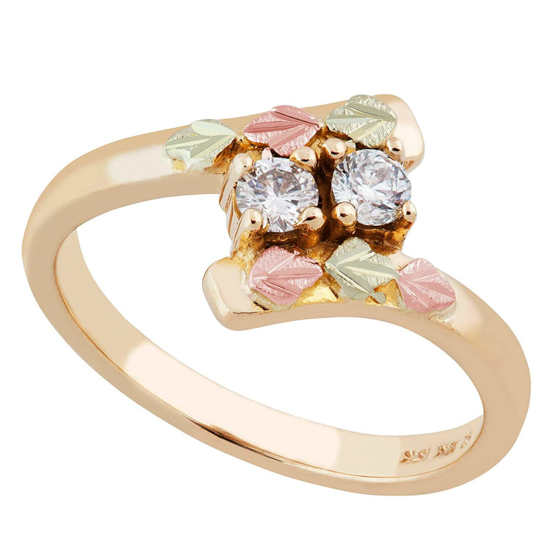 Ave 369 Diamond Slim Profile Bypass Ring, 10k Yellow Gold, 12k Green and Rose Gold Black Hills Gold Motif (.2 Ctw)