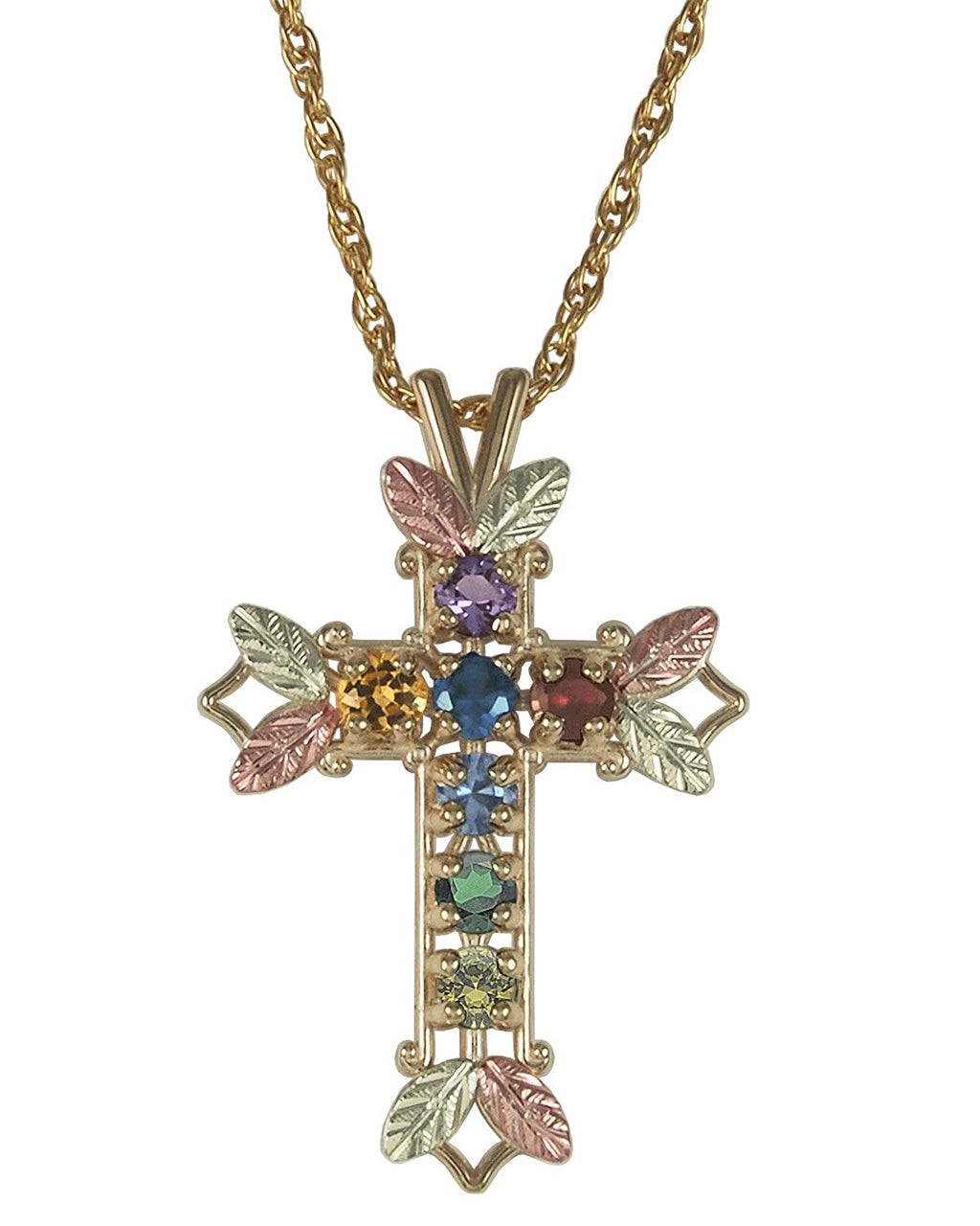 Amethyst, Sapphire, Aquamarine, Citrine, Garnet, Emerald and Peridot Pointed Cross Pendant Necklace, 10k Yellow Gold, 12k Green and Rose Gold Black Hills Gold Motif, 18"