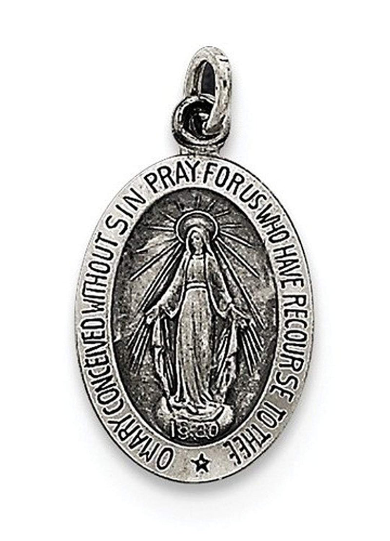 Sterling Silver Antiqued Miraculous Medal Charm Pendant (20X10 MM)