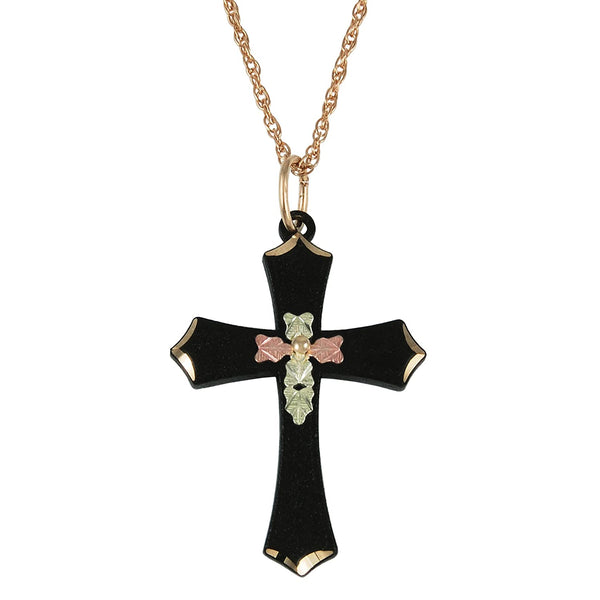 Black Passion Cross Pendant Necklace, 10k Yellow Gold, 12k Green-Rose Gold Black Hills Gold, 18"