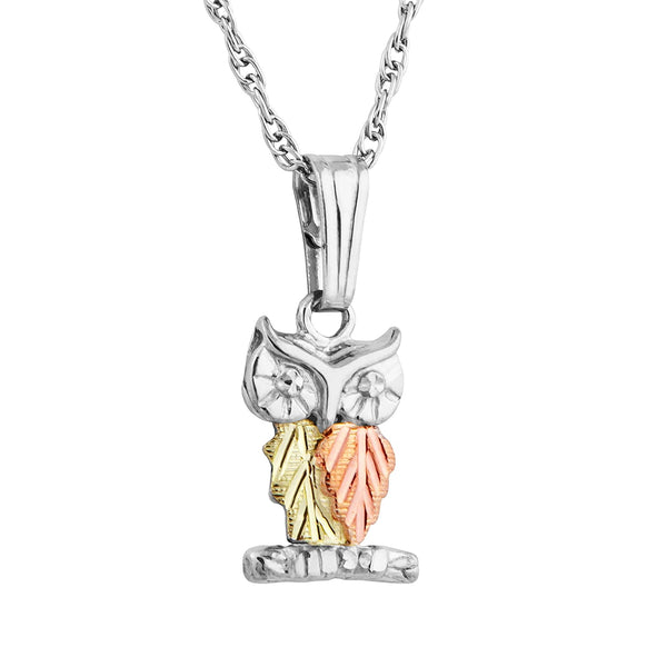 Engraved Owl Pendant Necklace, Sterling Silver, 12k Green and Rose Gold Black Hills Gold Motif, 18"