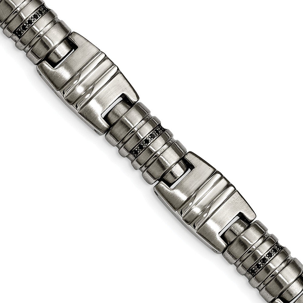 Men's Brushed and Polished Stainless Steel Black CZ Link Bracelet, 8.25"