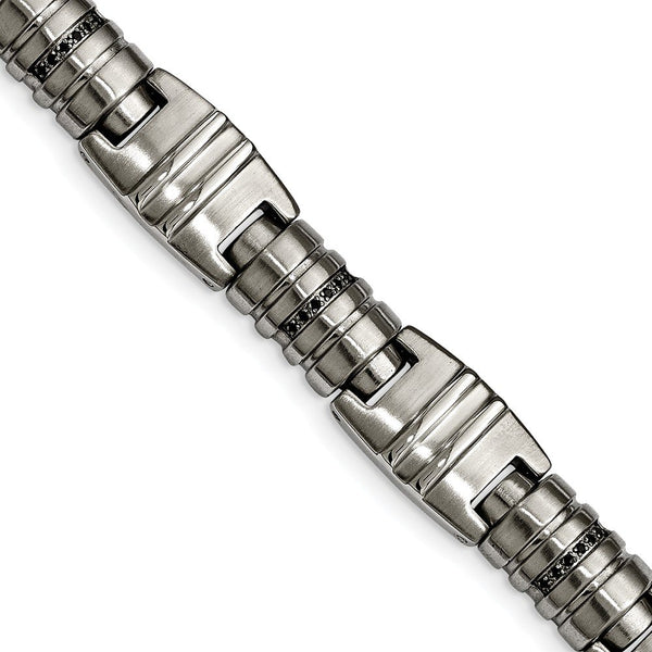 Men's Brushed and Polished Stainless Steel Black CZ Link Bracelet, 8.25"