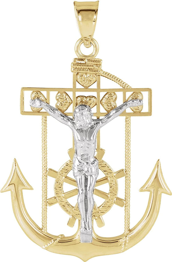 Petite Heart Mariner's Cross Anchored Crucifix 14k Yellow and White Gold Pendant (38.5X31.5MM)