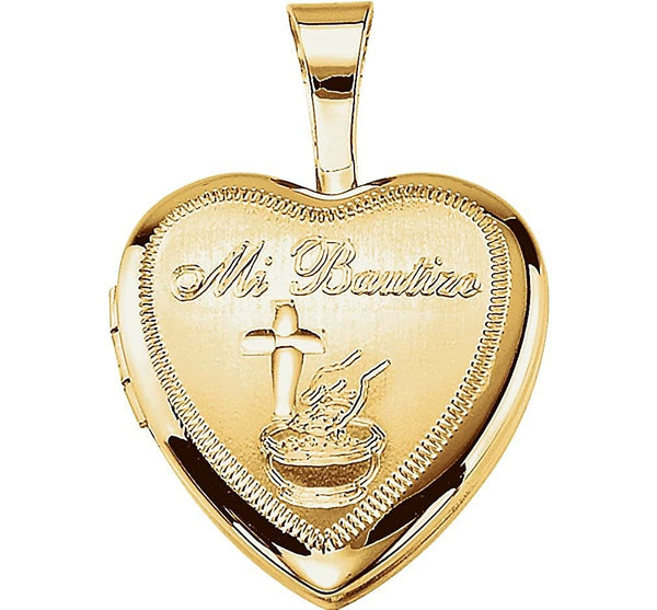 Girl's 14k Yellow Gold Plated Sterling Silver 'Mi Bautizo' Latin Cross Heart Locket Pendant