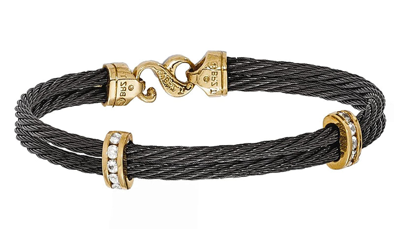 Tango Collection Black Titanium and Bronze White Sapphire Cable Wire Bracelet, 7"