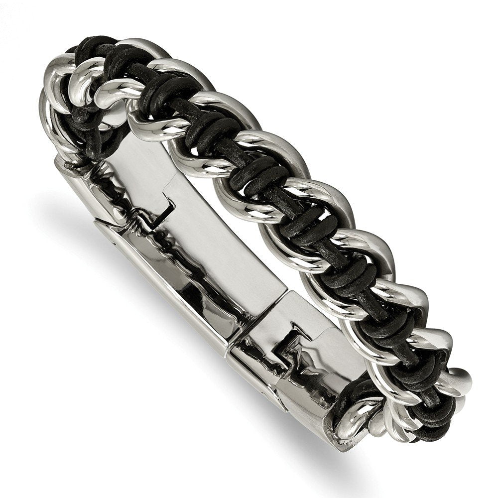 Men's Polished Stainless Steel Black Leather Bracelet, 8.5"