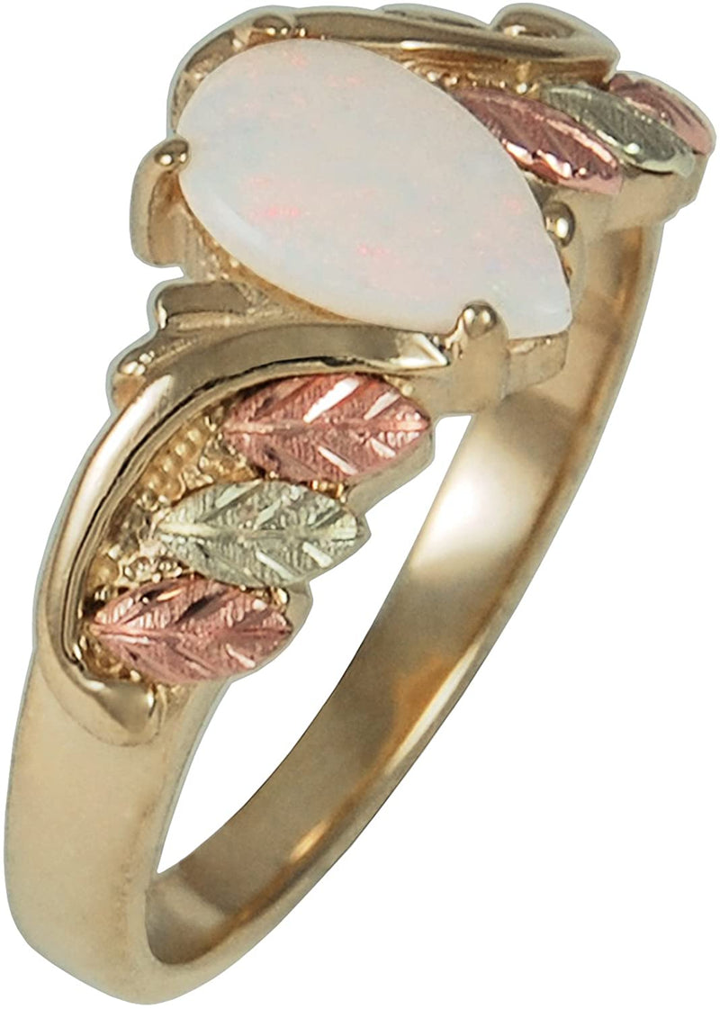 Opal Pear Cabochon Ring, 10k Yellow Gold, 12k Green and Rose Gold Black Hills Gold Motif, Size 8