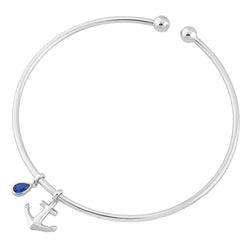 Blue Spinel, Anchor Bangle Bracelet, Rhodium Plated Sterling Silver