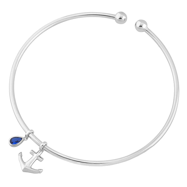 Blue Spinel, Anchor Bangle Bracelet, Rhodium Plated Sterling Silver