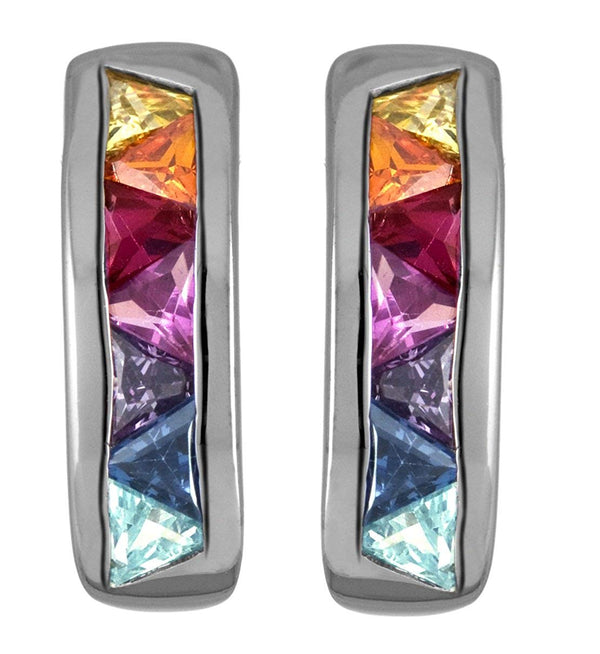 Rainbow CZ Rhodium-Plated Sterling Silver J Hoop Earrings
