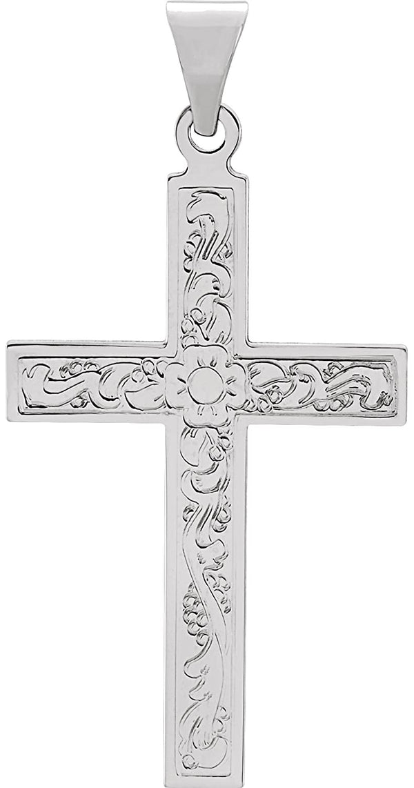 Embossed Flowers Cross 14k White Gold Pendant