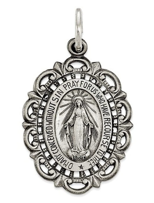 Sterling Silver Antiqued Miraculous Medal (28X16 MM)