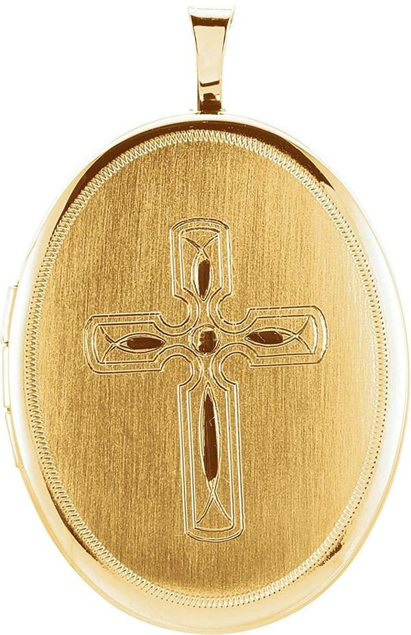 Oval Fish Cross Satin-Brushed Cross 14k Yellow Gold Plated Sterling Silver Locket Pendant (26.00X20.00 MM)