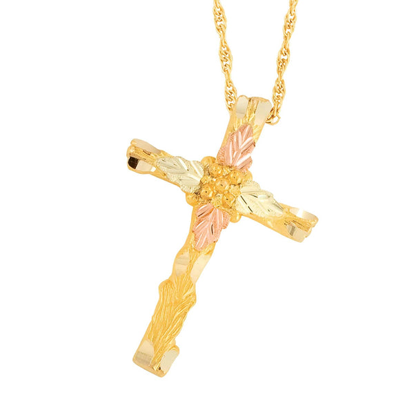 Edge Cross Pendant Necklace, 10k Yellow Gold, 12k Green and Rose Gold Black Hills Gold Motif, 18"