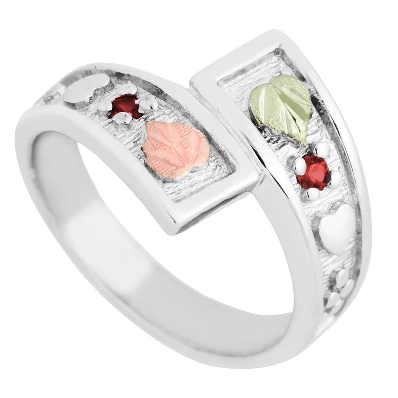 January Birthstone Created Garnet Bypass Ring, Sterling Silver, 12k Green and Rose Gold Black Hills Silver Motif