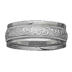 Scrollwork Design Engraved Milgrain Band, 14k White Gold 7mm