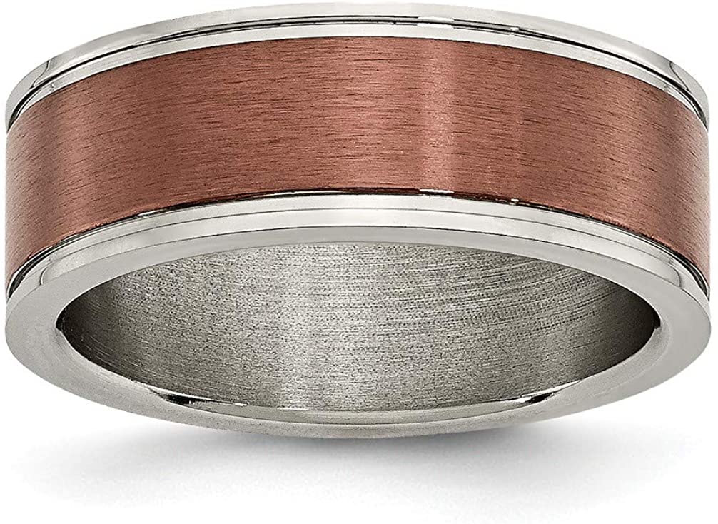 Brushed Grey Titanium, Brown IP Grooved Edge 8mm Band, Size 7