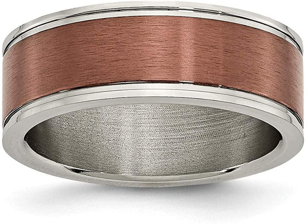 Brushed Grey Titanium, Brown IP Grooved Edge 8mm Band, Size 12