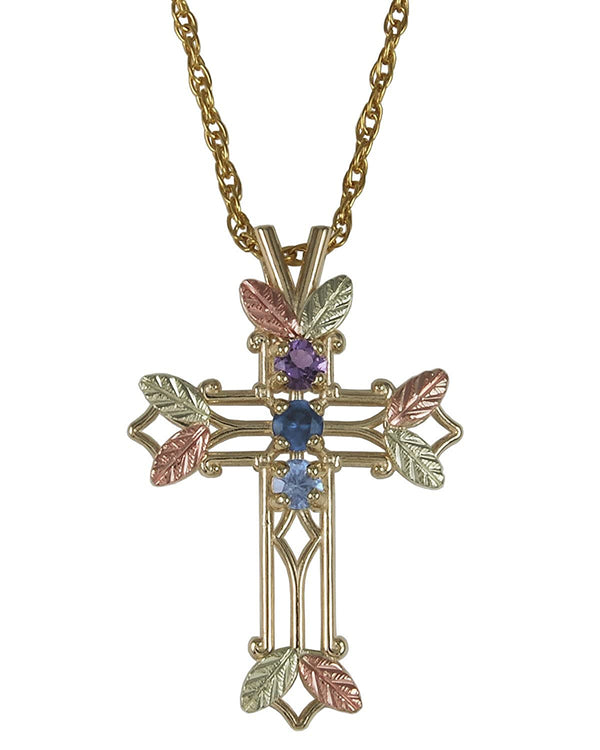 Amethyst, Sapphire and Aquamarine Pointed Cross Pendant Necklace, 10k Yellow Gold, 12k Green and Rose Gold Black Hills Gold Motif, 18"