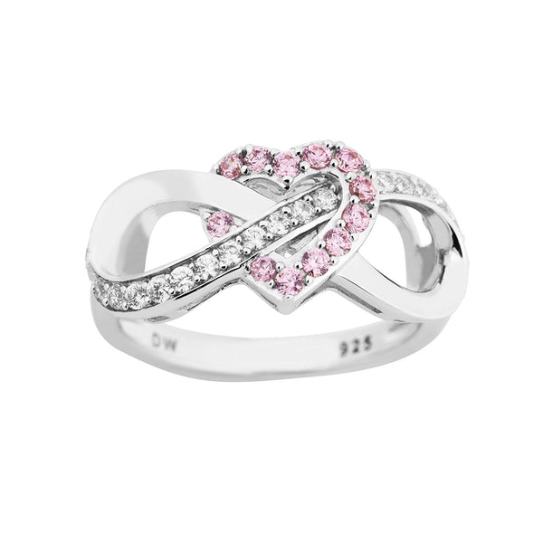Pink and White CZ Infinity Heart Rhodium Plated Sterling Silver Ring