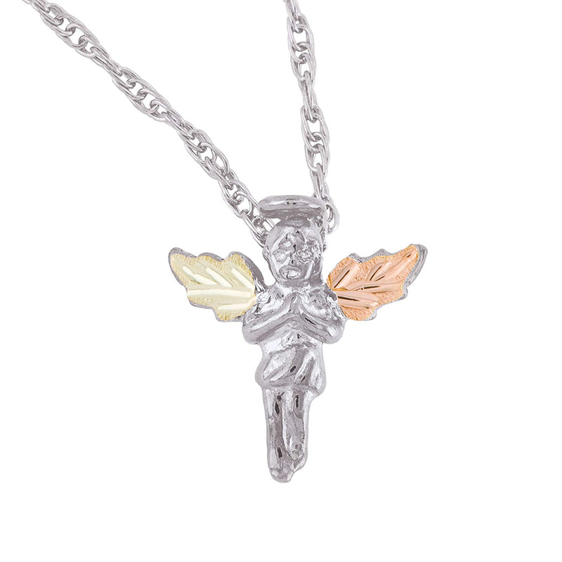 Ave 369 Angel Pendant Necklace, Sterling Silver, 12k Green and Rose Gold Black Hills Gold Motif, 18"