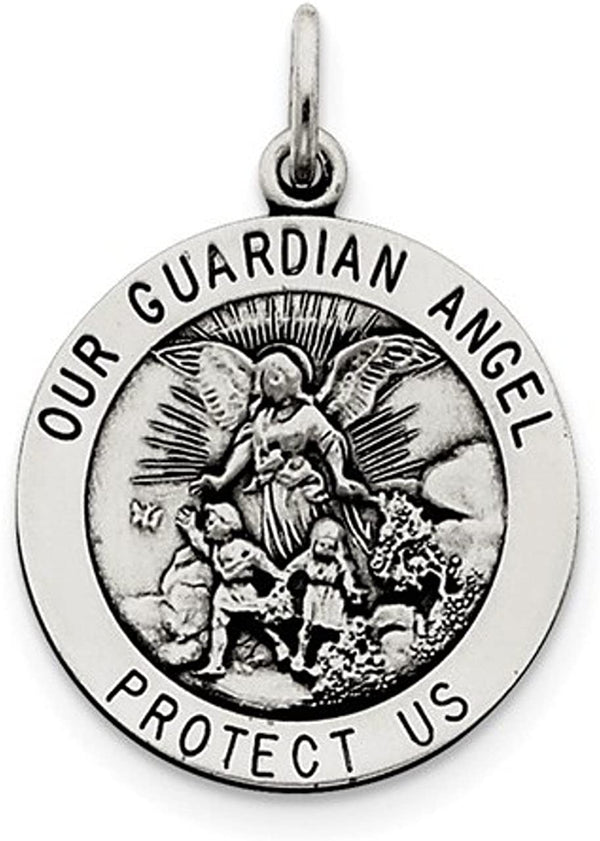 Sterling Silver Antiqued Guardian Angel Medal Pendant (30X22 MM)