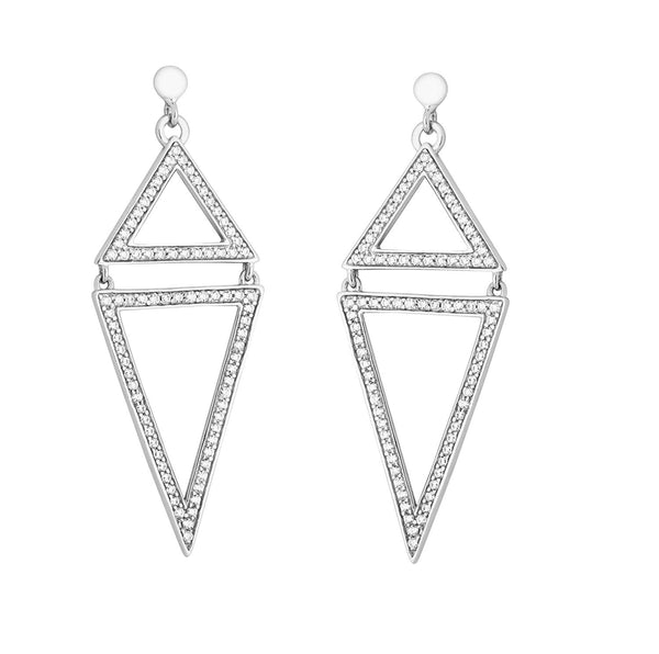 Open-Cut CZ Triangle Rhodium Plated Sterling Silver Dangle Earrings