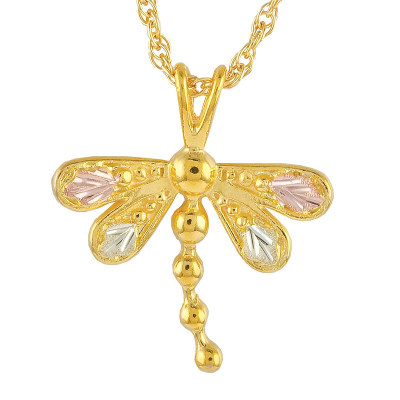 Petite Dragonfly Pendant Necklace, 10k Yellow Gold, 12k Green and Rose Gold Black Hills Gold Motif, 18"